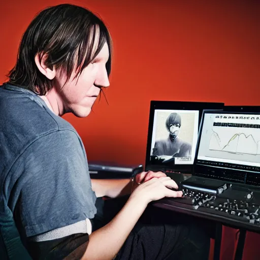 Image similar to elliott smith using a computer, ultra realistic, 8 k, photorealistic