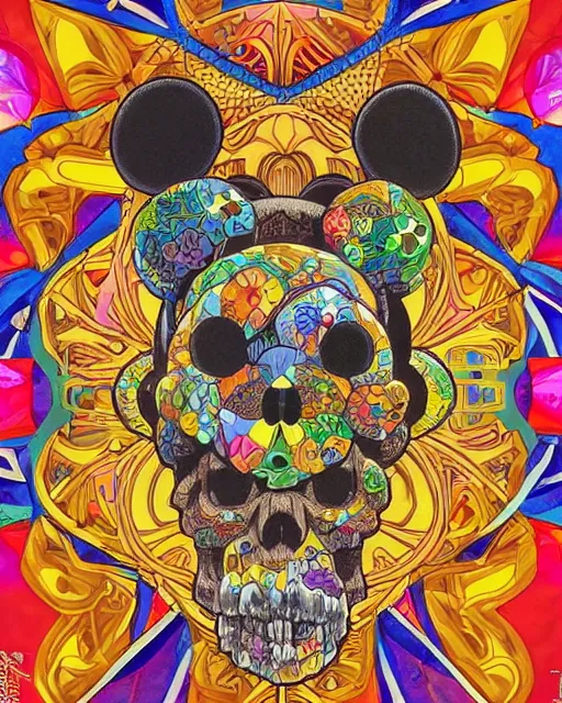 Image similar to mickey mouse skull carving art, background are varities of superhot chili peppers, cell shading, voronoi, fibonacci sequence, sacred geometry by Alphonse Mucha, hiroshi yoshida, Art Nouveau, colorful, ultradetailed, vivid colour, 3d