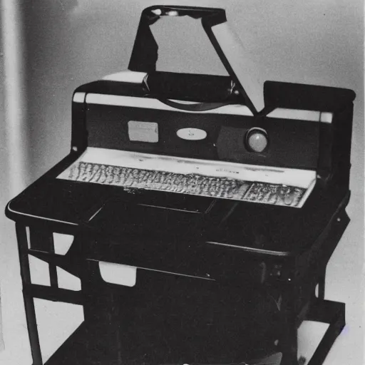 Prompt: Photograph of the first secret prototype computer. 1940s. Greyscale. Polaroid.