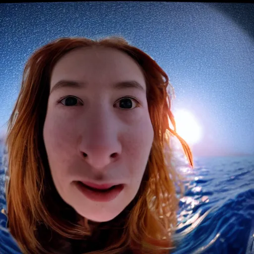 Image similar to Selfie!!!!! of a frightened!!!!! woman, in the middle of the ocean!!!!!, nighttime!!!!, cloudy dark sky, first-person view, fisheye!!!!! lens!!!!!, photorealistic image, trending on artstation, 4k, 8k