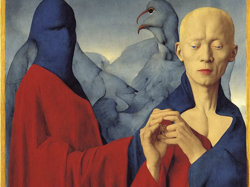 Image similar to Portrait of albino mystic with blue eyes, attaining the first Jhana. Painting by Jan van Eyck, Audubon, Rene Magritte, Agnes Pelton, Max Ernst, Walton Ford