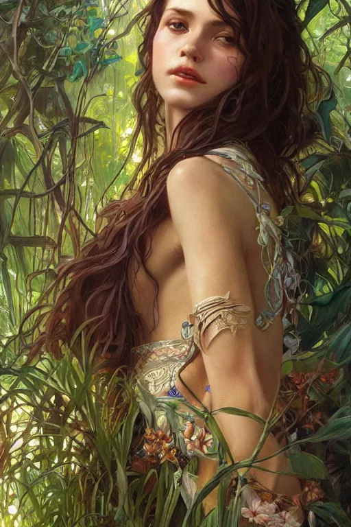 Image similar to ultra realistic illustration, bohemian girl in jungle, staring directly into camera, intricate, elegant, highly detailed, digital painting, artstation, concept art, smooth, sharp focus, illustration, art by artgerm and greg rutkowski and alphonse mucha