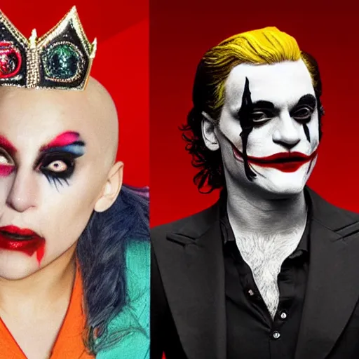 Image similar to mimmo rottela as skinny joaquin phoenix joker and lady gaga as harley queen