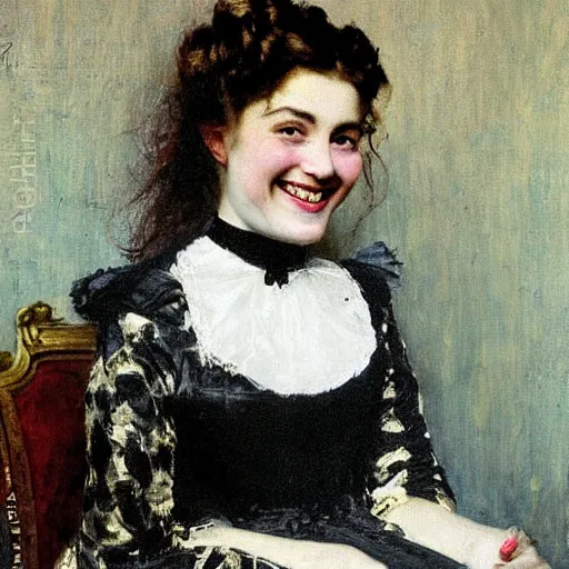 Image similar to young victorian lady laughing, painted by alfred stevens