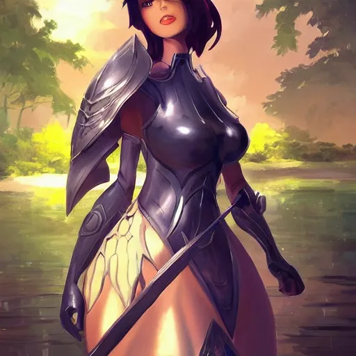 Prompt: fantasy woman in armor looking herself in a pond girl miss attractive eye catching official fanart behance hd artstation by Rossdraws and Jesper Ejsing, by Makoto Shinkai and Lois van baarle, ilya kuvshinov, mystic theme