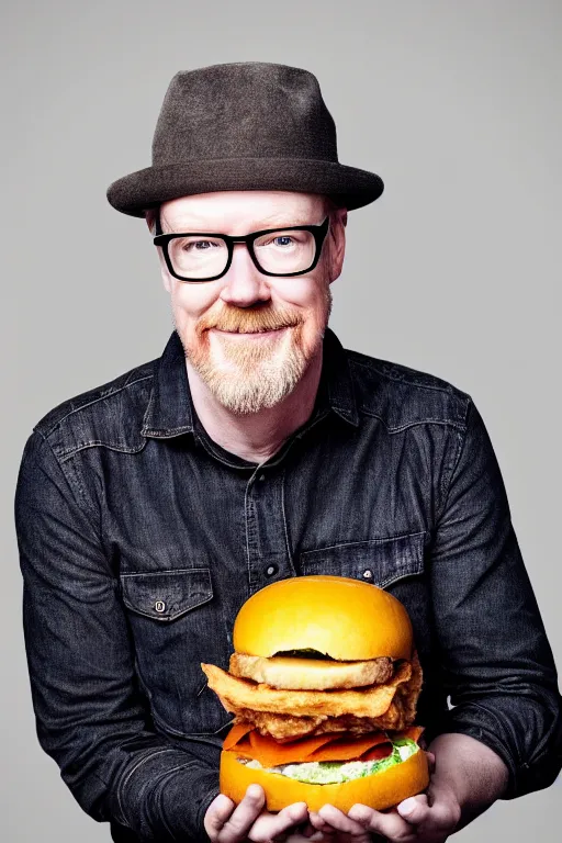 Image similar to 📷 portrait of adam savage with a sandwich head, food face, still image, high resolution, 4 k