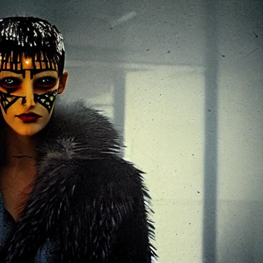 Prompt: cinematic portrait of a runaway replicant with tribal facepaint and a plastic raincoat in an empty room, still from the movie bladerunner, fashion photography