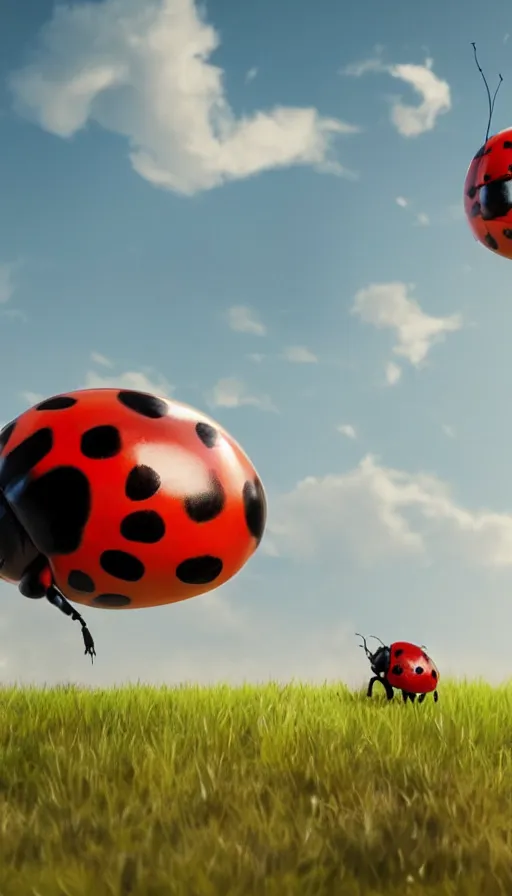 Prompt: muscular ladybug standing up, giant ladybug, cinematic shot, sunny field, epic character portrait, character art by Greg Rutkowski, HD digital render, 4k