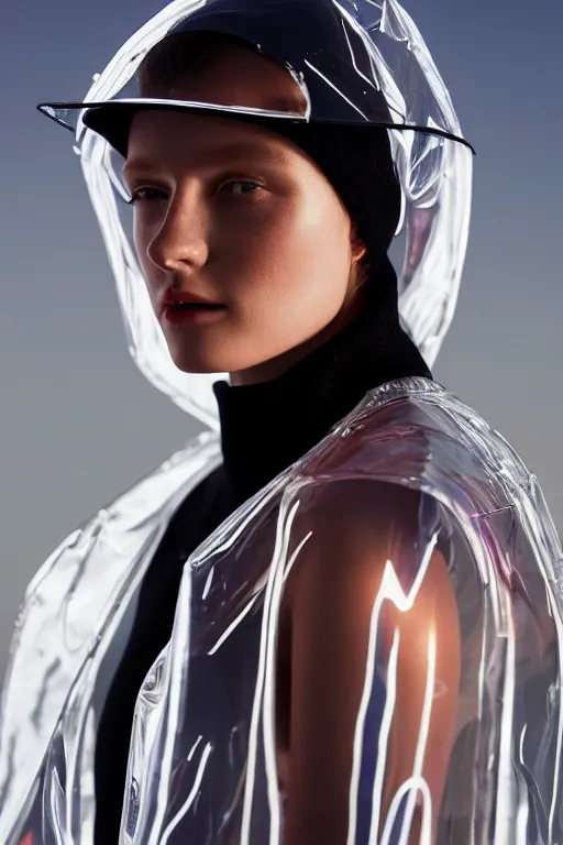 Image similar to an ultra high definition professional high fashion portrait studio full length photograph of a model wearing a transparent pearlescent raincoat and neon visor in an icelandic black rock environment at dawn. no artefacts. extremely detailed. stark. refraction. shallow depth of field. volumetric light and shadow. ray tracing. light rays.