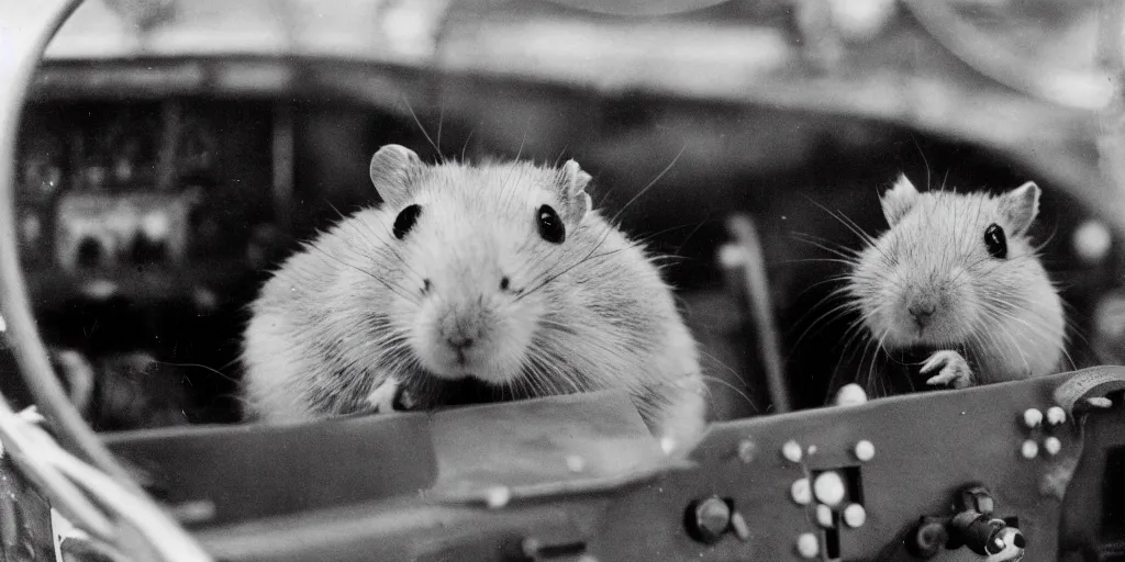 Prompt: close up photograph of a hamster in the cockpit of a ww 2 fighter plane, close - up of face, action shot, detailed