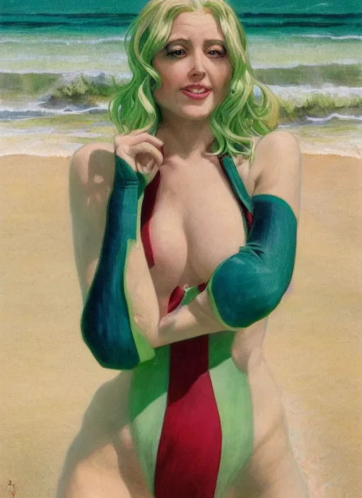 Prompt: portrait Beetlejuice green as sea lifeguard on the beach, full length shot, shining, 8k highly detailed, sharp focus, illustration, art by artgerm, mucha, bouguereau