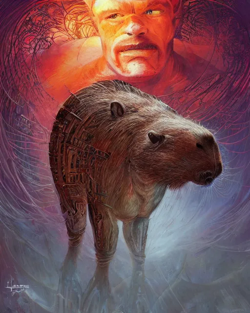 Image similar to bloody cyborg capybara, by antonio j. manzanedo, giger, alex grey, android jones, wayne barlowe, philippe druillet, raymond swanland, cyril rolando, josephine wall, harumi hironaka, trending on artstation