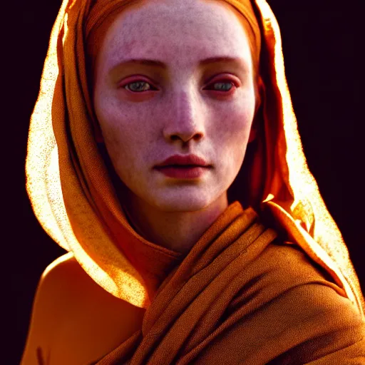 Image similar to photographic portrait of a stunningly beautiful english renaissance female in soft dreamy light at sunset, beside the river, buddhist nun, soft focus, contemporary fashion shoot, in a denis villeneuve and tim burton movie, by edward robert hughes, annie leibovitz and steve mccurry, david lazar, jimmy nelsson, extremely detailed, breathtaking, hyperrealistic, perfect face, octane render