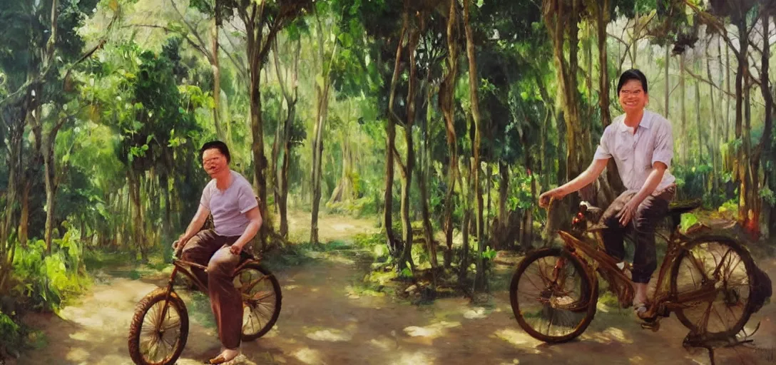 Image similar to kayne sitting on cyclo, inside a tropical forest, daylight happy mood, aged oil painting by le pho