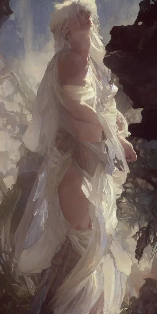 Image similar to a beautiful white haired young lady, with her toga floating about, artwork by jeremy mann and alphonse mucha, photo realistic, dynamic lighting, windy, artstation, poster, dreamy, volumetric lighting, ethereal, 4 k, high detail