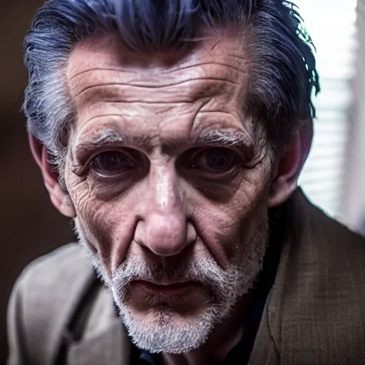 Image similar to tom holland as a rough dirty old man with a scruffy beard in a dark blue trenchcoat as the new doctor who, cinematic, volumetric lighting, f 8 aperture, cinematic eastman 5 3 8 4 film, photorealistic