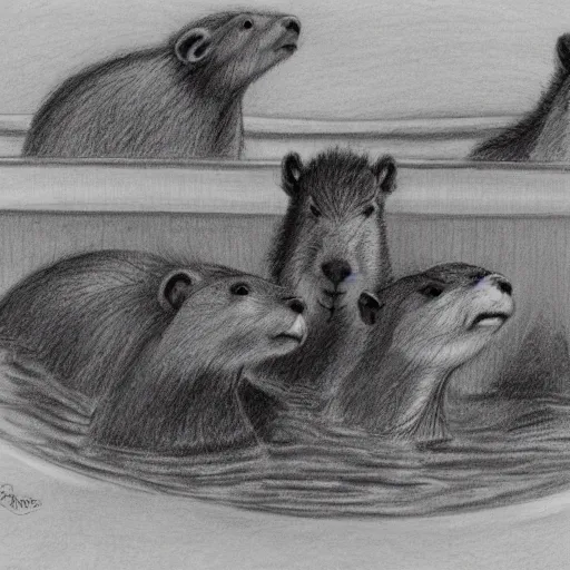 Image similar to pencil sketch of four capybaras in hot tub, realistic, shaded