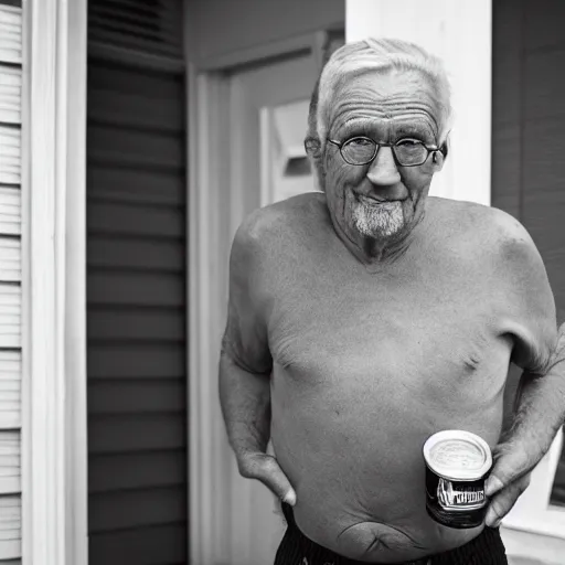 Prompt: realistic photograph of an old man showing up at his neighbor's house with a can of tuna, taken with canon eos 5 d,