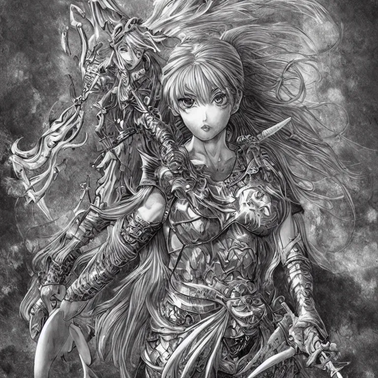 Prompt: young goddess, realistic proportions, beautiful face, in goldfish armor, wielding a fish sword, symmetrical, highly detailed, engraving kentaro miura manga art style