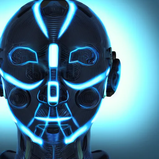 Image similar to a male cybernetic person with blue glowing eyes, frontal view, cool looking