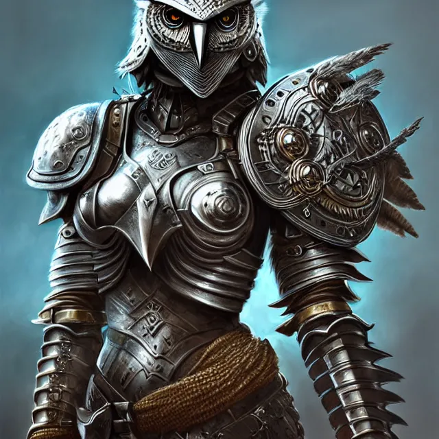 Image similar to warrior with metal owl armour, highly detailed, 4 k, hdr, smooth, sharp focus, high resolution, award - winning photo, artgerm, photorealistic