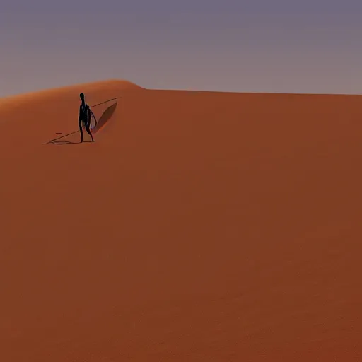 Image similar to zen republic rubian sandsurfing the dunes of the khali desert. red skin. cell shaded. high resolution