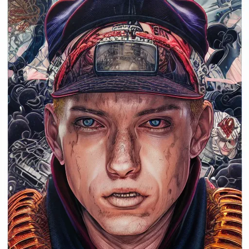 Image similar to portrait of crazy eminem, symmetrical, by yoichi hatakenaka, masamune shirow, josan gonzales and dan mumford, ayami kojima, takato yamamoto, barclay shaw, karol bak, yukito kishiro