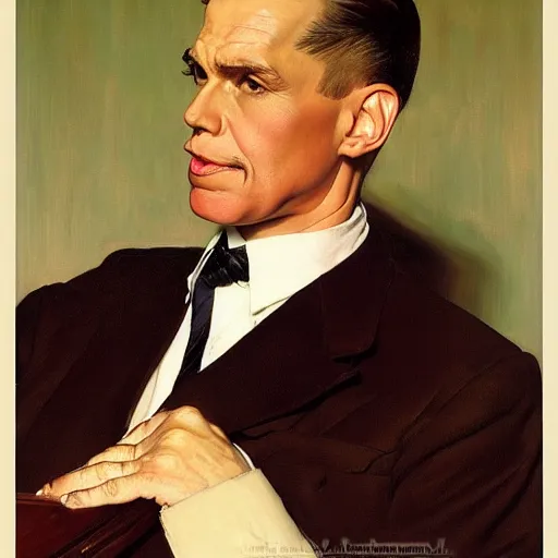 Prompt: Portrait of a stern businessman by J.C Leyendecker and Norman Rockwell, he is about 40 years old, mixture between russian and irish, side parted combover brown hair, attractive, NARROW very very very very sharp face ANGULAR hawkish facial features, hooked nose , extremely pale white skin, smart looking, he is wearing a black trenchcoat, highly detailed portrait, scifi, digital painting, artstation, concept art, smooth, sharp foccus ilustration, Artstation HQ