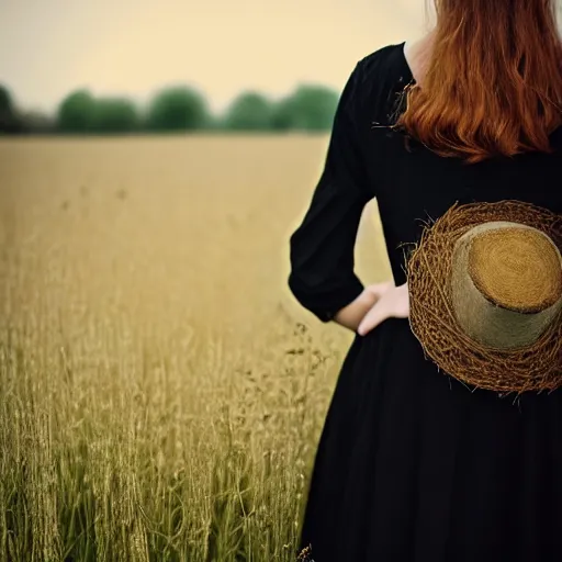 Prompt: a girl standing in a field, wearing black old dress and hat, detailed hands, by andrea kowch, andrea kowch, dark, scene, magicrealism, flowers in background,