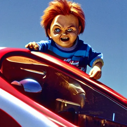 Prompt: chucky driving a race car, movie still