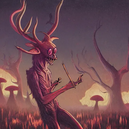 Image similar to a centered chest up portrait of a psychedelic demonic anthropomorphic wendigo smoking a hand - rolled cigarette smoking heavily, magic mushroom village in background. award winning. superb resolution. in the art style of junji ito and greg rutkowski. detailed mushroom city in background. hyper realistic anime. perfect art. dalle 2