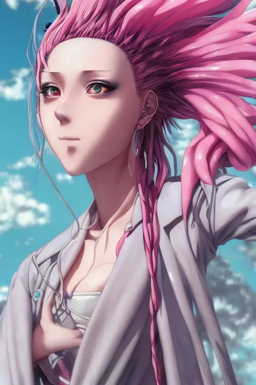 Image similar to portrait of an anime manga girl with pink and white dreads, straight on portrait, by artgerm, james jean, tom bagshaw, gerald brom, vaporwave colors, lofi colors, vaporwave, lofi, goth vibe, 4 k, smooth, hd, substance designer render, full body character concept art, symmetrical, perfect face, detailed face,