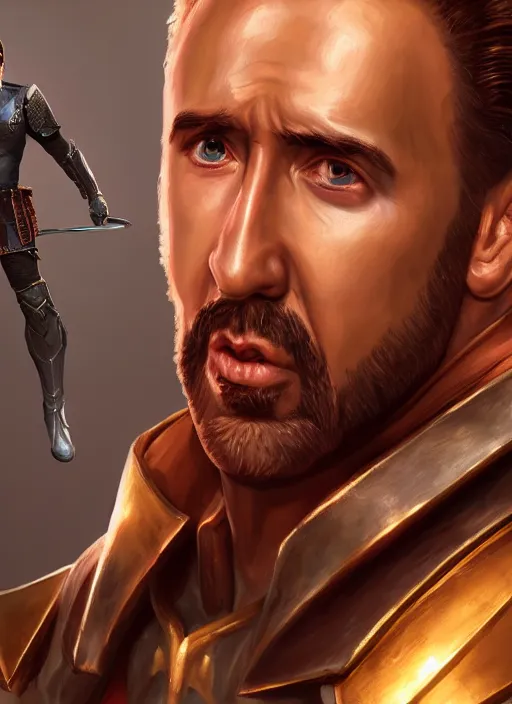 Image similar to A fantasy comic book style portrait painting of as Nicolas Cage as a paladin, unreal 5, DAZ, hyperrealistic, octane render, RPG portrait, dynamic lighting