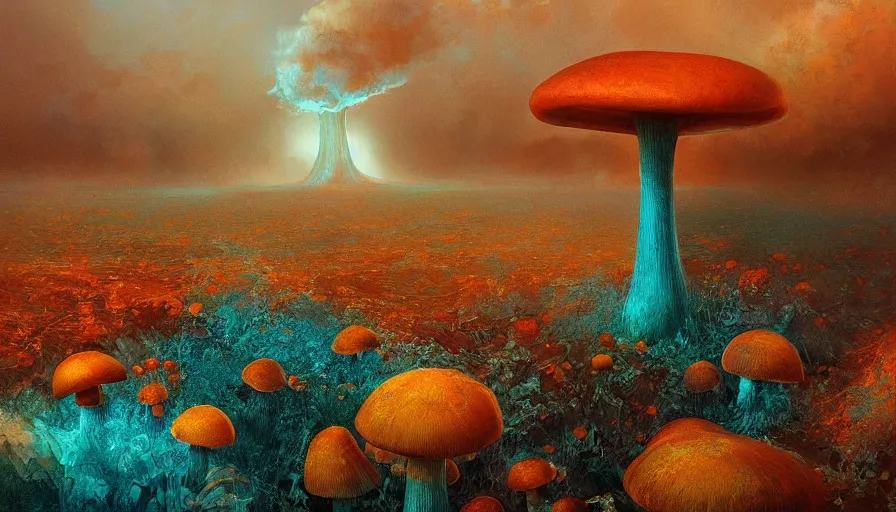 Image similar to A highly detailed digital art painting of a volatile nuclear caustic poison mushroom irradiated barren teal and yellow landscape by Karol Bak, Makoto Shinkai, by Artgerm, by beeple, volumetric lighting, octane render, 4K resolution, trending on artstation, masterpiece, vivid colours