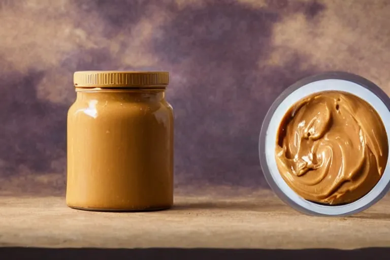 Prompt: A jar of peanut butter that contains a swirling portal to another dimension