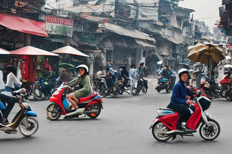 Image similar to moped scotter racing on the street of hanoi, by etienne dinet, artstation cgsociety