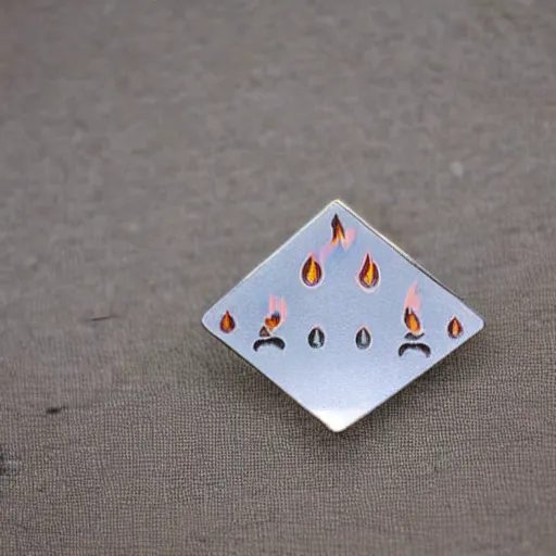 Prompt: a diamond enamel pin of a retro minimalistic flame fire warning label, smooth curves