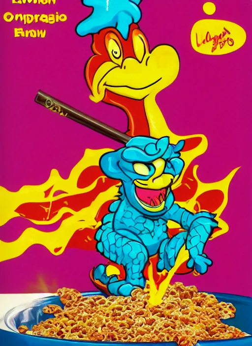 Image similar to lava - os cereal box front, cereal that tastes like lava, cartoon dragon mascot, 1 9 9 3