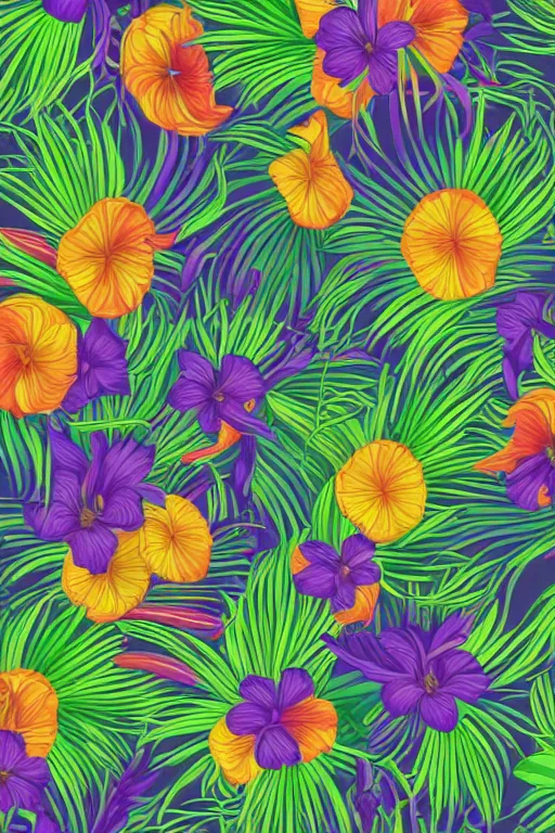 Prompt: Intricate detailed vector illustration of widel spaced tropical flowers and green reeds, multiple cohesive colors ranging from warms purples to bright oranges on a ((clearly visible very dark background)), 4K resolution