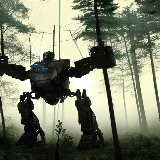 Prompt: still from a big budget scifi movie above a misty swamp planet, a tall and slender mech with many wires and cable joints with translucent white plastic armor and led light trims and black knee and elbow joints, flies high above the forest canopy