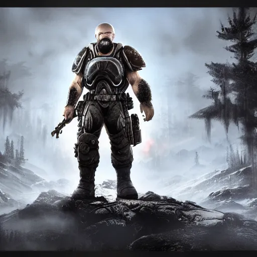 Image similar to Portrait of Bob Ross in Gears of War, gloomy unreal engine 5 render