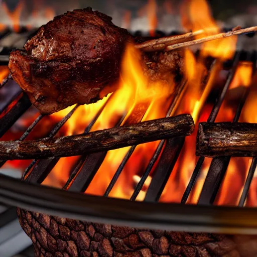 Barbecue Over Wood Fired Grill Near Stream by Cavan Images