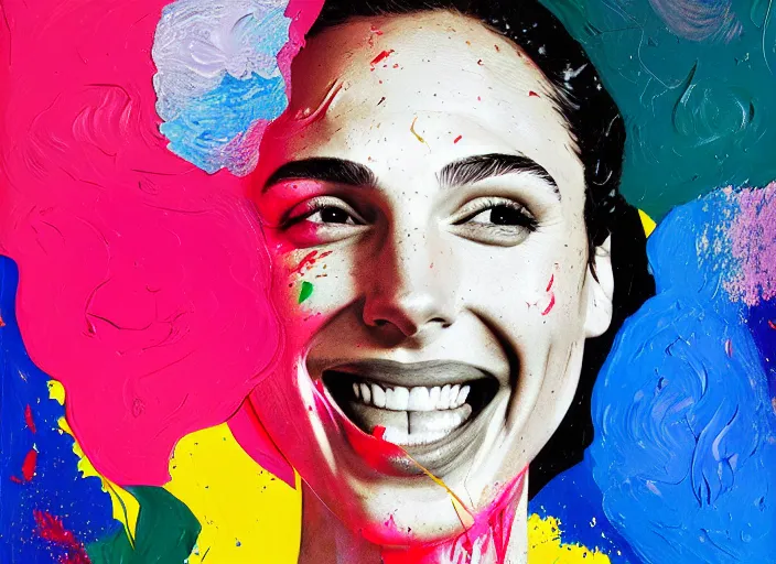 Image similar to portrait of gal gadot laughing, by vincent lefevre and hernan bas and pat steir and hilma af klint, psychological, photorealistic, dripping paint, washy brush, rendered in octane, altermodern, masterpiece