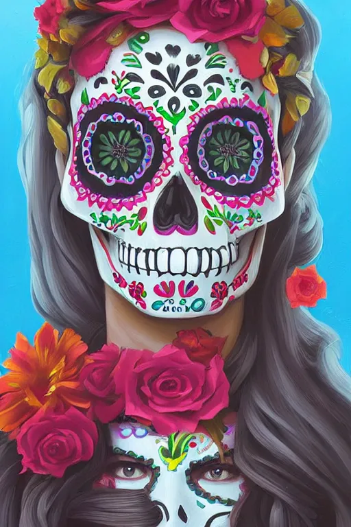 Image similar to illustration of a sugar skull day of the dead girl, art by rhads