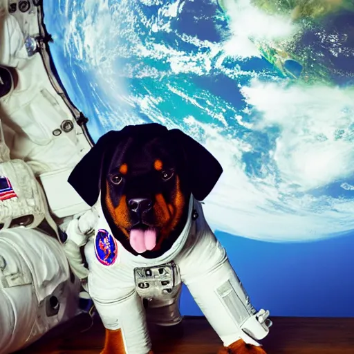 Image similar to a rottweiler dog wearing an astronaut helmet in space