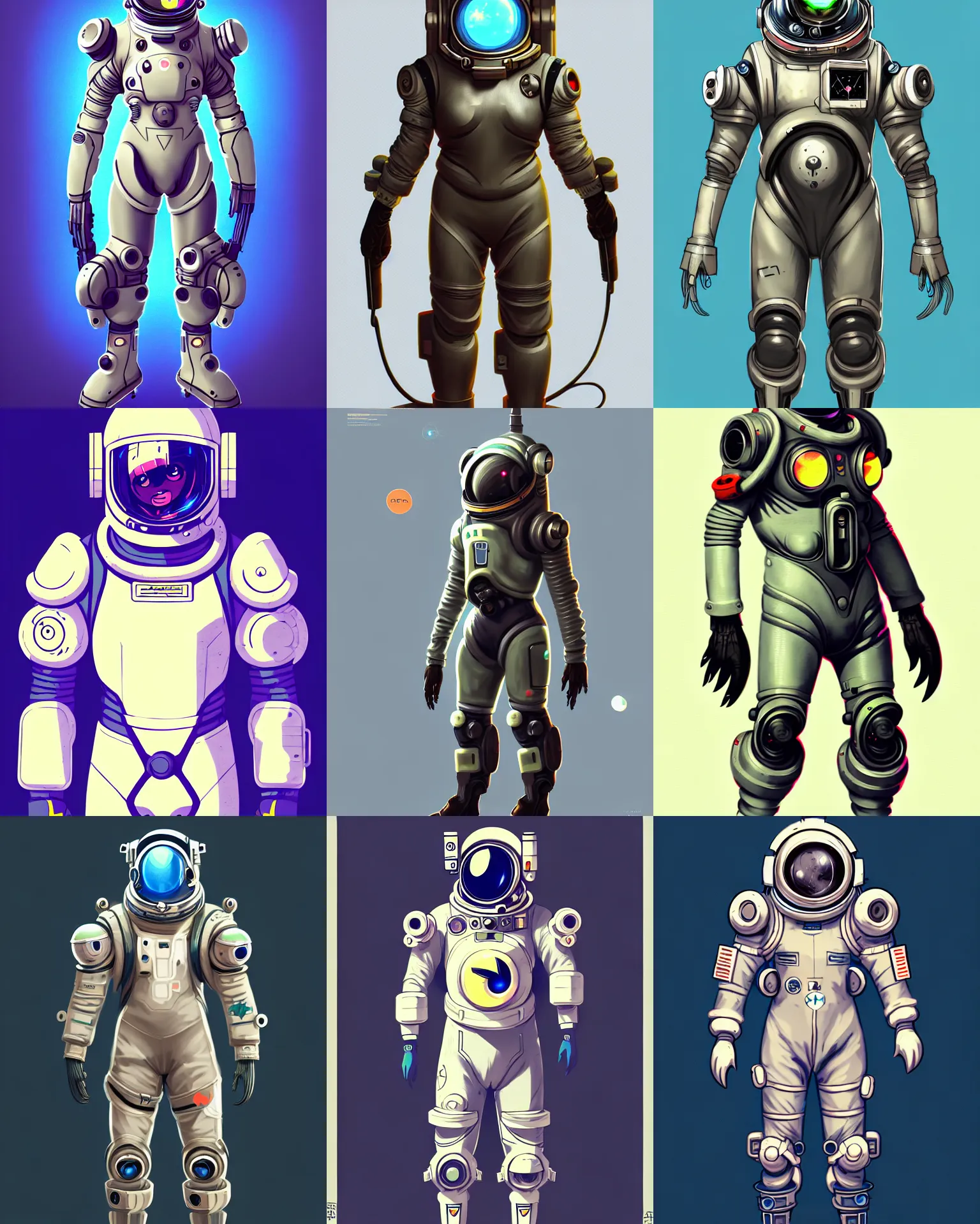 Prompt: game asset, full body portrait, kawaii bulky epic male concept art character of a space suit, 1 9 5 0 s retro future space suit, occult, scifi design, h. r giger, cute, stylized, heroic by jean baptiste monge, overwatch, muted color scheme, 8 k, close up