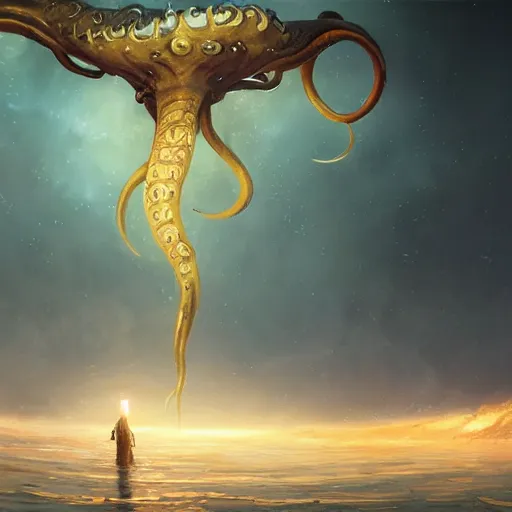 Image similar to epic cinematic shot of a big squid monster with long golden tentacles flying in deep space digital painting, artstation, concept art, soft light, hdri, smooth, sharp focus, illustration, fantasy, intricate, elegant, highly detailed, D&D, matte painting, in the style of Greg Rutkowski and Alphonse Mucha and artemisia, 8k, highly detailed, jurgens, rutkowski, bouguereau, pastoral, rustic, georgic