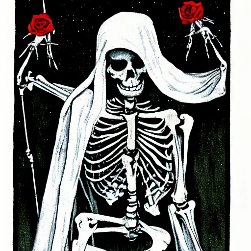 Prompt: death tarot card with david bowie as skeleton. folk horror. detailed.