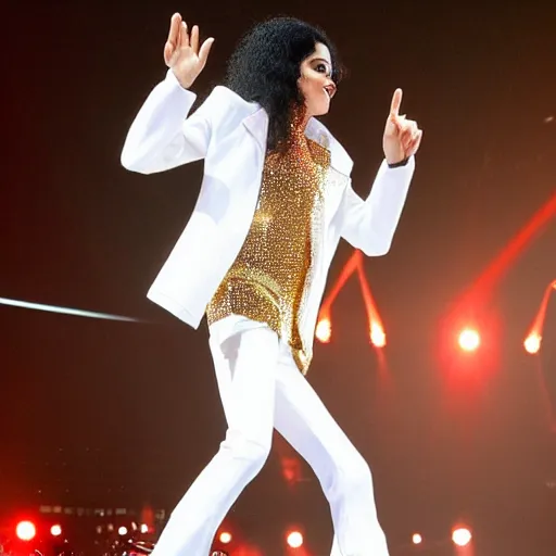 Prompt: thin michael jackson standing on stage live at the indoor o 2 arena wearing a sparkling white diamond outfit with large thin shoulder pads!!!!! doing a concert, multiple flashing lights and colorful spotlights, beautiful photography, cinematic, award - winning photo, highly detailed, this is it