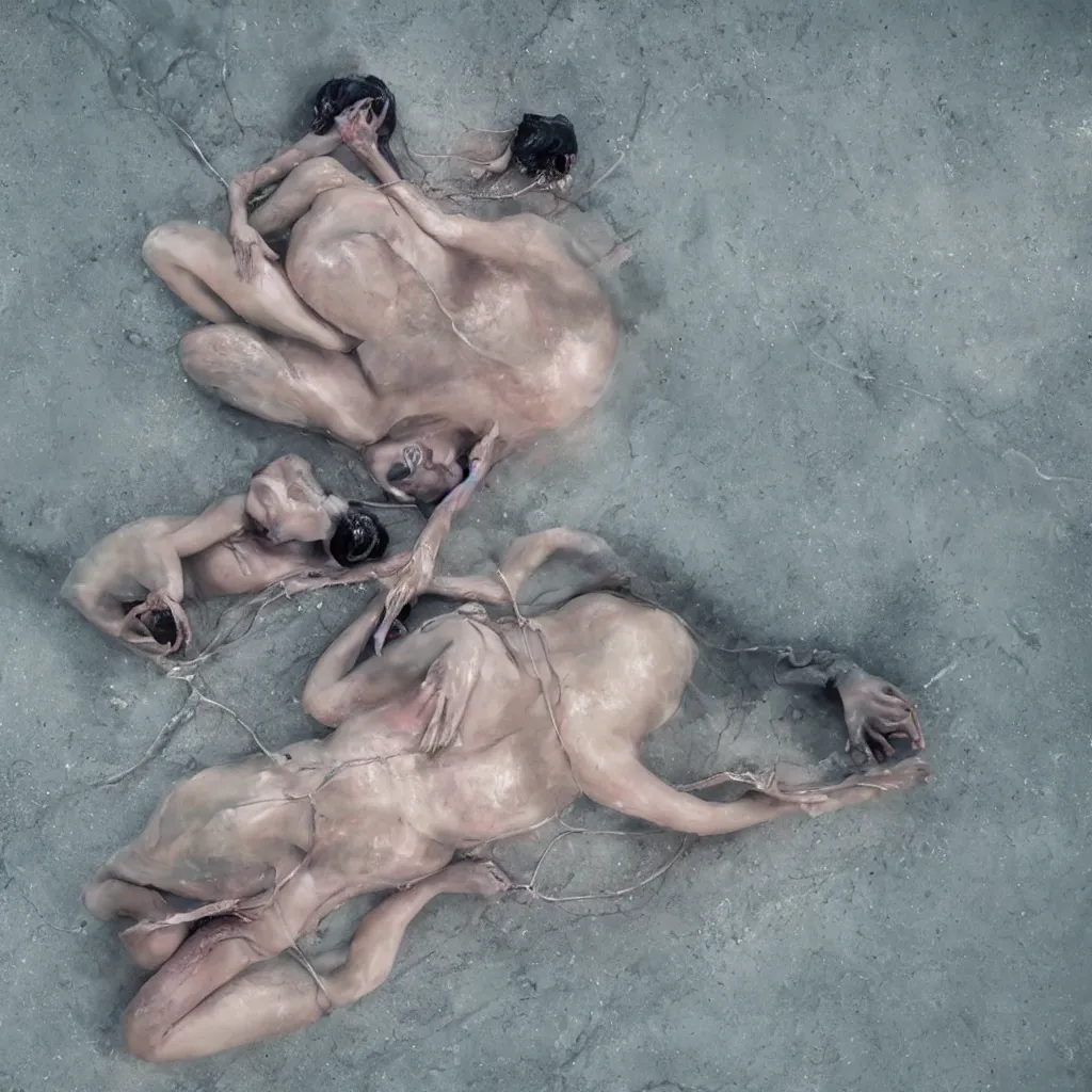 Image similar to overhead view of iridiscent oil slick with a woman's corpse connected by an umbilical cord to a baby buried under oil slick, faded, depth of field,, ultra realistic, very detailed, by hans bellmer and nadav kander, 8 k hyper realistic detailed cinematic